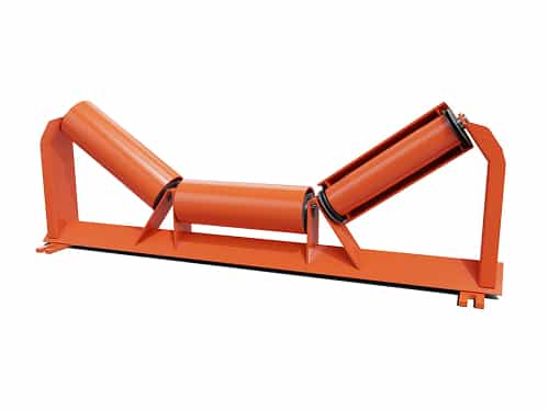 Heavy-Duty Mining Idler render in orange for aggregates conveyor systems